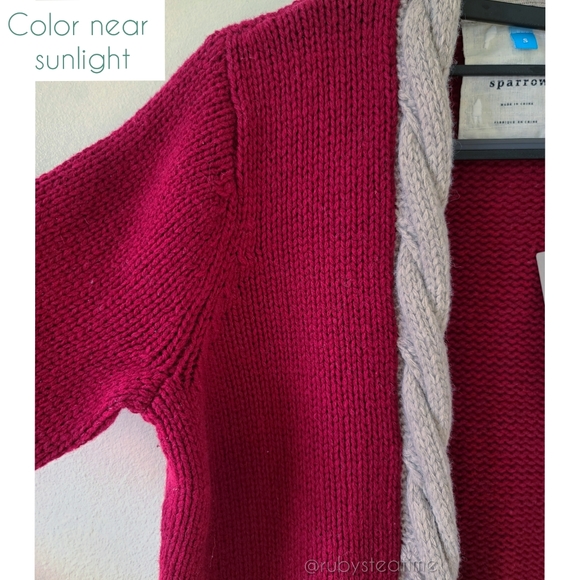 100% LambsWool Chunky Knit Maroon Burgundy Dk Red Cardigan, Braided Knit Pockets - Picture 5 of 8